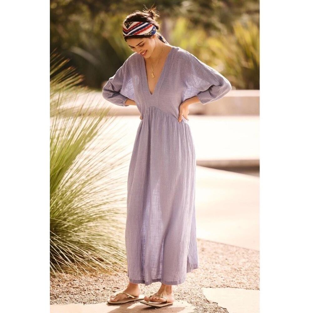 MALAI Maxi Dress M Cover Up Boho Gauze Breezy Cottagecore Pullover V-Neck